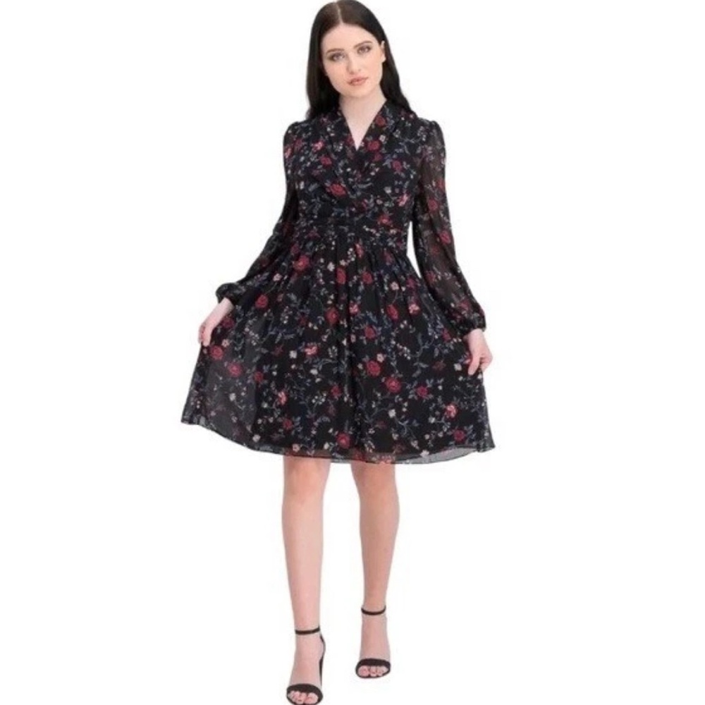 Gal Meets Glam Black Cherry Floral Print Londyn Faux Wrap dress